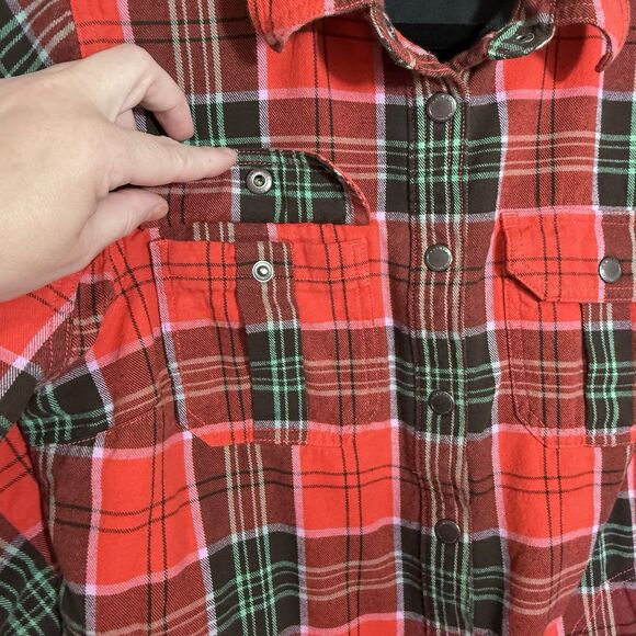 Duluth Free Swingin' Fleece Lined Neon Red Plaid Flannel Shirt Jacket Women's M - Picture 5 of 12